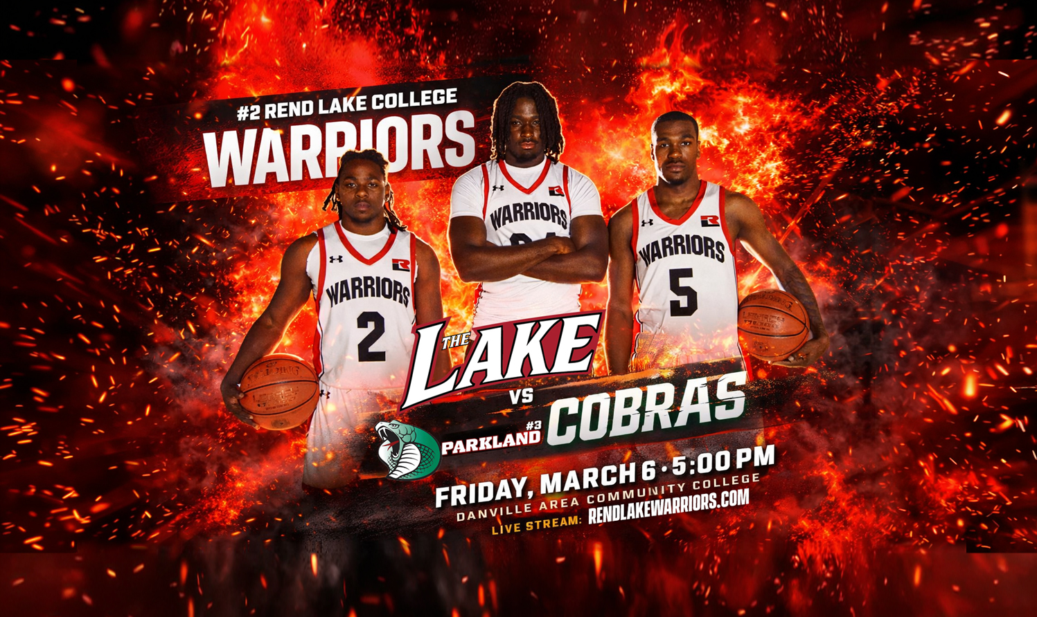 Banner image featuring promoting the game March 6 vs Parkland. Image features Warriors basketball players and graphics. 