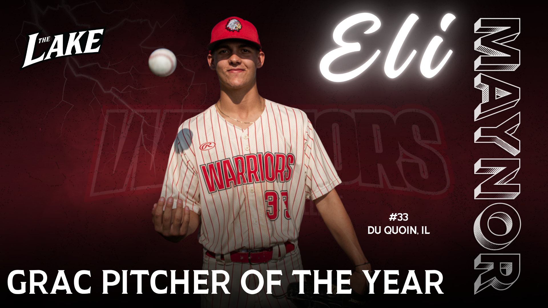 Promotional sports graphic celebrating baseball player Eli Maynor. The background is a dark maroon with a faint lightning pattern and the word 