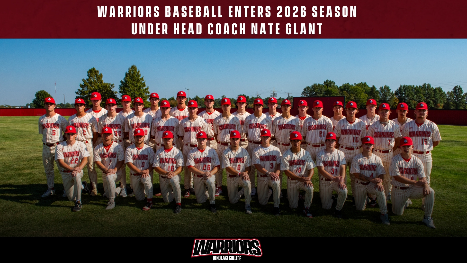Warriors Baseball enters 2026 season under Head Coach Nate Glant

Pictured, Front Row (L-R): Kyle Thomas (Benton), Devin Kiebler (Paducah, KY), Carson Wort (Pawnee), Jackson Williams (Cincinnati, OH), Cannon Ashmore (Johnston City), Kobie Howard (Louisville, KY), Kyle Campbell (Jefferson, IN), Brendan McKinley (Louisville, KY), Drew Isenberg (Bowling Green, KY), Asious Kavich (Louisville, KY), Mason Wargel (Evansville, IN)

Middle Row (L-R): Joseph Derrick (Nashville, TN), Bryce Minton (Evansville, IN), Josh Gilbert (Metropolis), Evan Schallert (Bowling Green, KY), Caden Spicer (Winchester, KY), Gunnar Massey (Paducah, KY), Drake Fahringer (), Cade Kelly (Greenwood, IN), Eli Maynor (Du Quoin), Alex Calhoun (Paducah, KY), Ty Wilzbacher (Evansville, IN), Jack Harre (Marion), Konner Myatt (La Center, KY)

Back Row (L-R): Lochlan Hansel (Winchester, KY), Dedrick Melvin (Du Quoin), Connor DeWeerdt (Christopher), Ayden McAtee (Newburgh, IN),  Noah Nix (Salem), Wyatt Rueff (Cowden), Brady Morris (Simpsonville, KY), Makabe Devor (Waltonville), Seth Parsons (Haubstadt, IN), Gavin Powell (Hopkinsville, KY), Brian Lockhart (Indianapolis, IN)